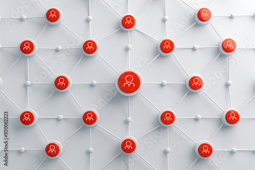 Network of interconnected red icons on a white background representing communication and collaboration.