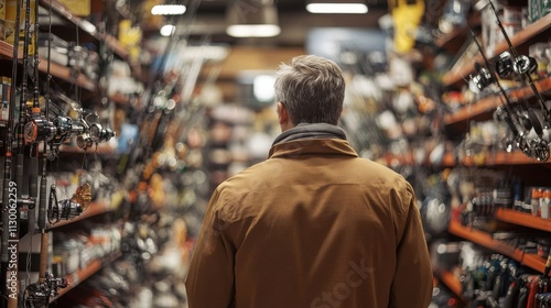 A man exploring fishing equipment in a sporting goods store, back view, shelves of rods and reels photo