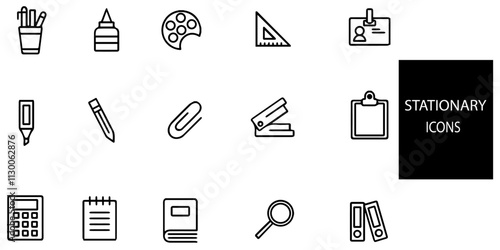 Stationary simple concept 15 icons set. Contains such Notebook diary, satchel, accessories,Pen, pencil, ruler, highlighter marker and calculator .Vector illustration.