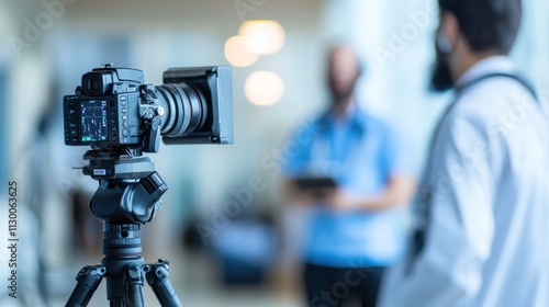 Doctor interview setup featuring a doctor speaking to a journalist in a hospital or clinic setting