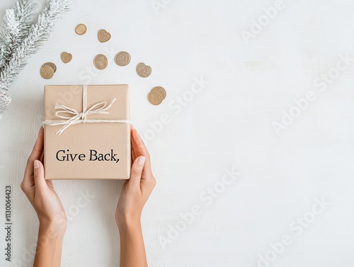 Giving Tuesday Gift Box with Hearts and Coins on Soft White Background for Christmas and Thanksgiving Themes photo