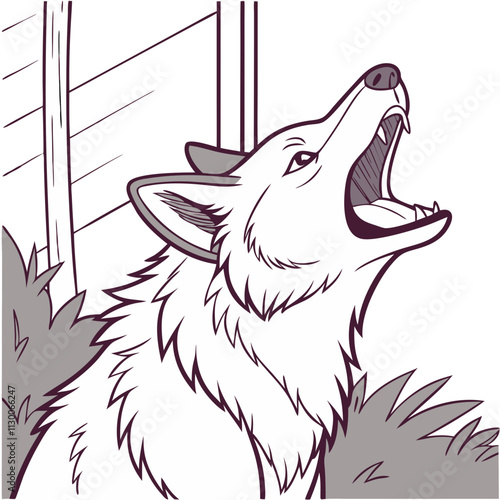 Barking dog in a backyard surrounded by bushes during a bright day
