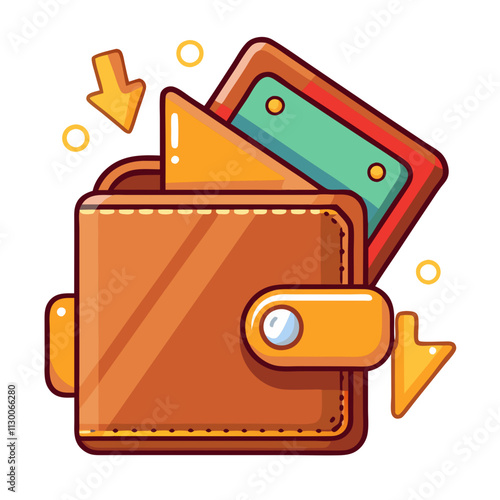 Brown wallet showcasing cashback offer with downward arrows indicating savings potential