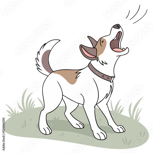 Barking dog with a playful demeanor in a grassy outdoor setting during daylight hours
