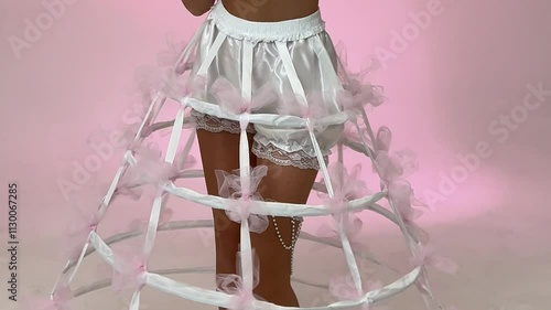 Bride with white crinoline dress, garter on female leg, pantaloons, underwear on pink background. Concept of Valentine's Day, wedding night, love, wife, husband, family holiday, date, dance, marriage