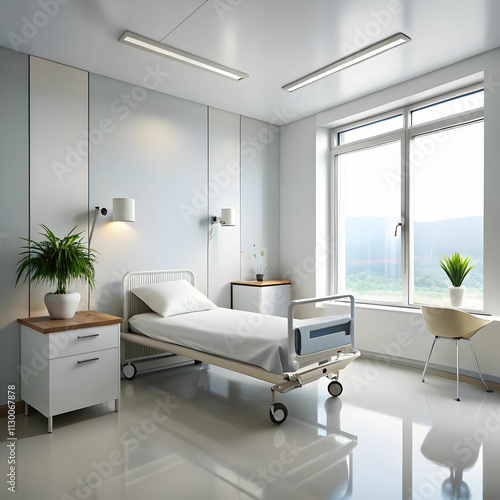 A minimalist hospital room featuring a single bed