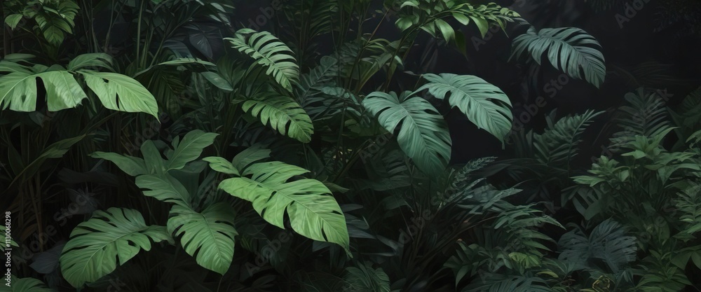 Fototapeta premium Tropical green leaves and stems in the garden against a dark tone background, plants, foliage