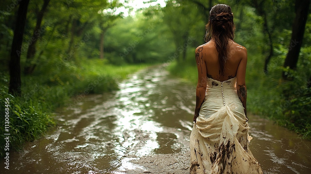 Fototapeta premium Mud stained Wedding Dress on Rainy Forest Path Dramatic Atmosphere