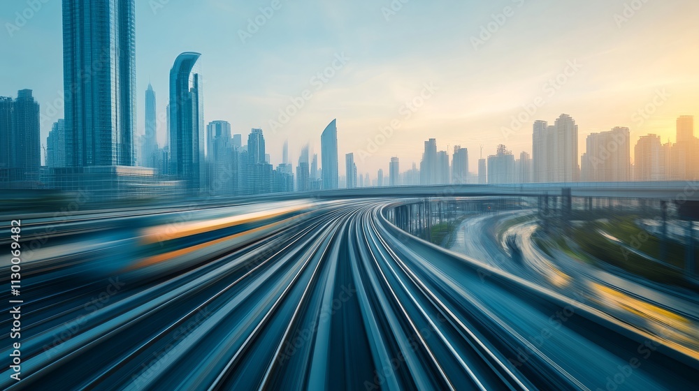 Fototapeta premium A high-speed cargo train moving along an elevated track, with the city skyline in the background. 