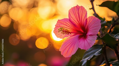 Close-up of a vibrant pink flower basking in the warm hues of a sunset, highlighting the harmony of nature colors.
