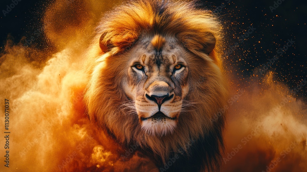 Fototapeta premium Majestic Lion Amidst Dust Cloud