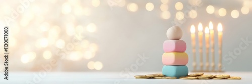 Joyful Hanukkah Celebration with Smiling Child, Dreidel, and Menorah - Suitable for Hanukkah, Christmas, Thanksgiving photo