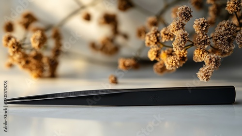 Minimalistic black chopstick on clean white surface with dried flowers photo