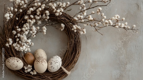 Rustic Spring Wreath with Speckled Eggs and Pussy Willow Branches for Seasonal Decoration