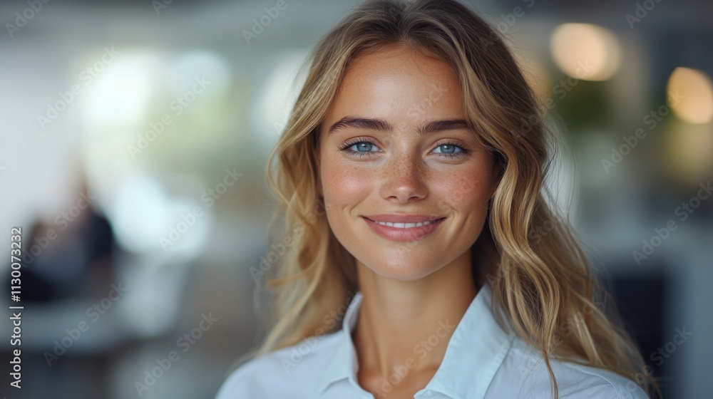 Fototapeta premium Positive businesswoman smiling, sleek white office, soft-focus colleagues working, gentle highlights, friendly vibe.