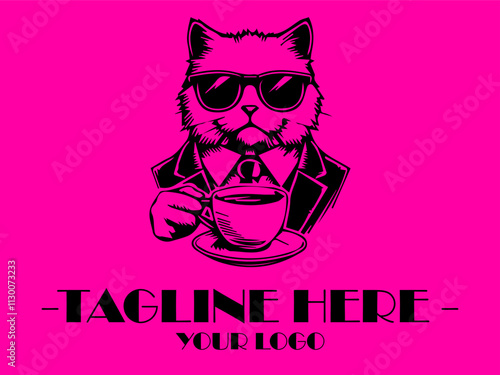 Cool cat in sunglasses sips hot coffee against a pink background. Perfect for petrelated social media posts, vektor and marketing materials