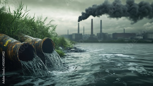 Environmental disaster: hazardous waste pouring from corroded pipes into dark waters, with industrial smokestacks belching smoke in the background. photo