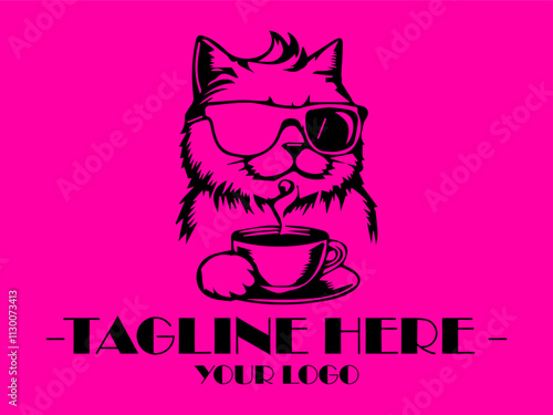 Cool cat in sunglasses sips hot coffee against a pink background. Perfect for petrelated social media posts, vektor and marketing materials
