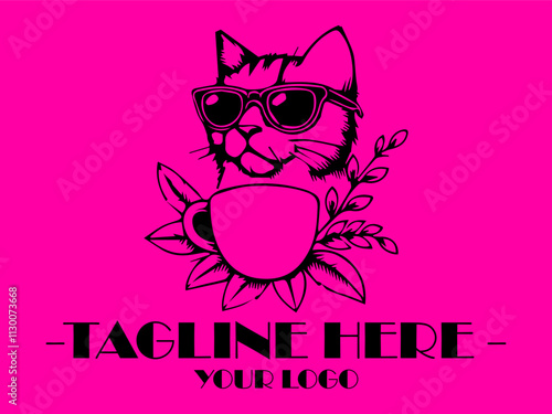 Cool cat in sunglasses sips hot coffee against a pink background. Perfect for petrelated social media posts, vektor and marketing materials