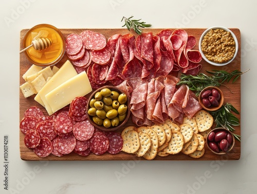 A charcuterie board featuring various meats, cheeses, olives, crackers, honey, and mustard.