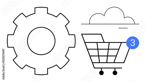 Gear and shopping cart with cloud above and notification bubble with number three. Ideal for online shopping, ecommerce, technology integration, cloud services, notifications, system settings, app
