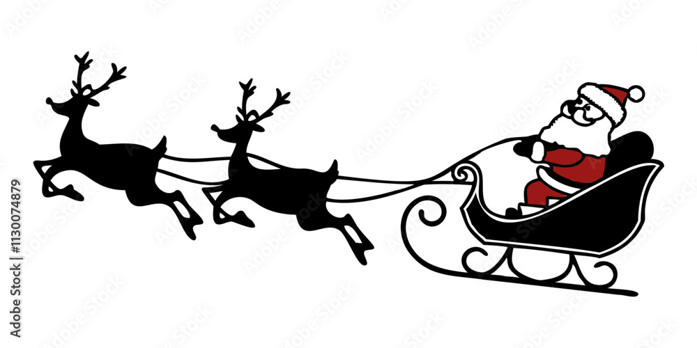 Fototapeta premium Santa Claus in a sleigh with reindeer pulling is depicted silhouette vector illustration