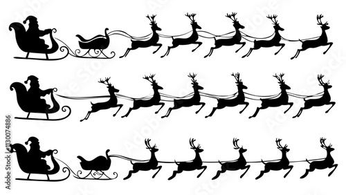 Santa Claus in a sleigh with reindeer pulling is depicted silhouette vector illustration