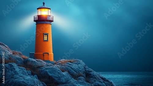 Lighthouse glowing at night by the ocean with rocky shore photo