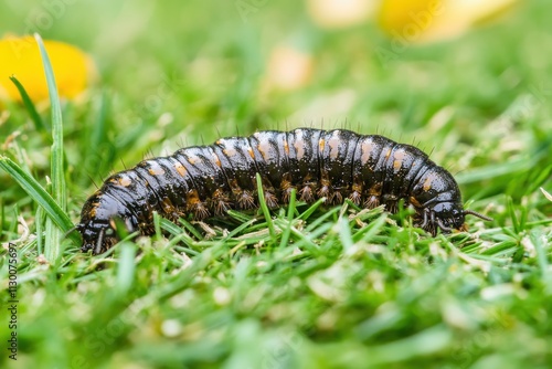 Lawn grub damage as chinch larva damaging grass roots photo