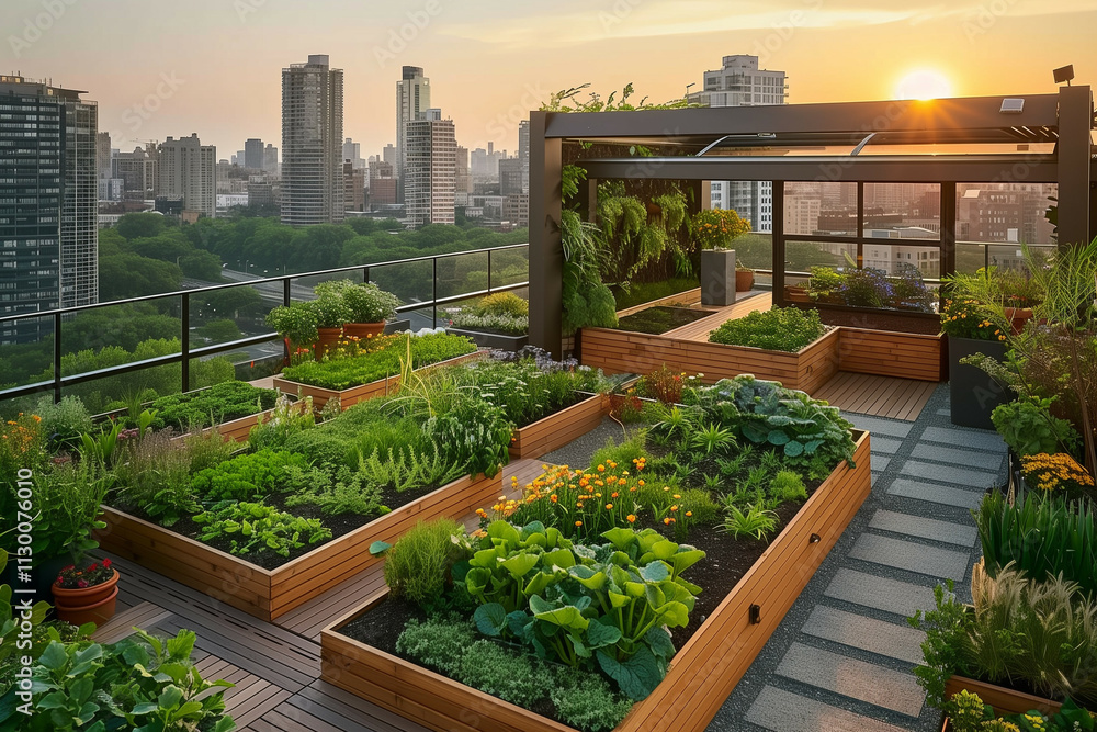 Fototapeta premium An urban rooftop garden in a large city during sunset, showcasing a variety of plants and a modern pergola design