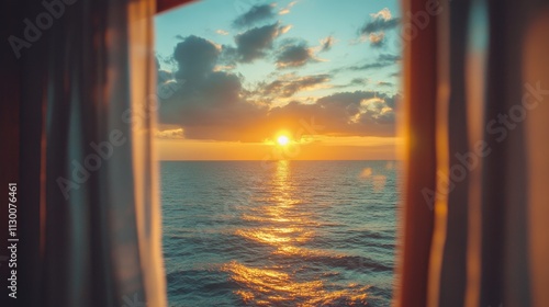 Ocean sunset viewed through sheer curtains. Perfect for travel, vacation, or relaxation themes.