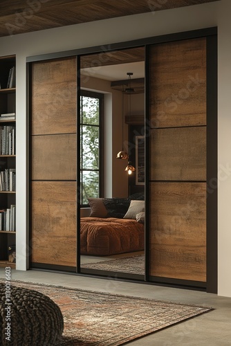 Modern sliding wardrobe with mirrored center panel, wooden doors, and dark frame in a bedroom. photo