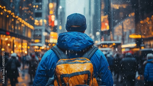 Traveler in blue jacket exploring snowy urban cityscape at dusk photo