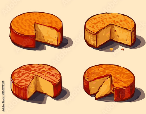 quartet cheddar cheese cube wheels dairy product ferment orange Artisanal illustration Gourmet Brie Wedges Crumbles Culinary Staple Smoked Gouda Blocks