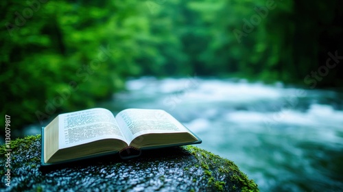 Books in Nature An open book resting on a rock by a flowing stream, surrounded by lush greenery and the soothing sounds of nature. photo