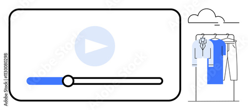 Minimalist video player interface with playback control and play button next to closet with hanging clothes. Ideal for media content, wardrobe organization, productivity topics. Line metaphor