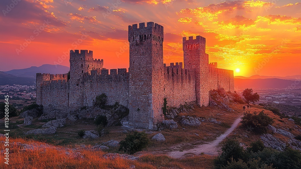 Obraz premium Ancient stone castle ruins at sunset with scenic landscape view