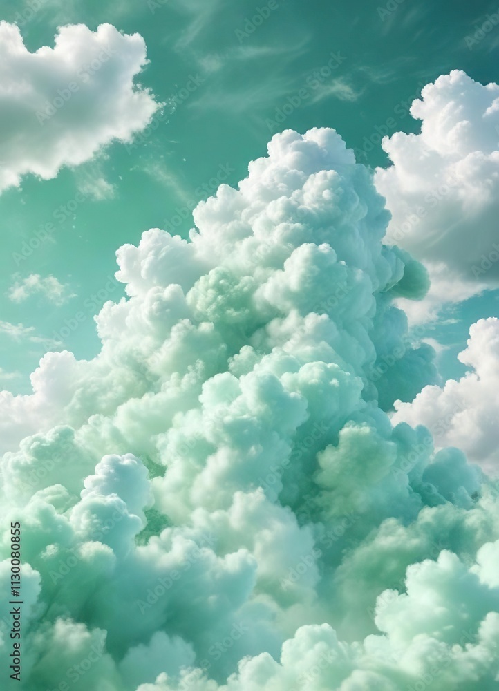 Fototapeta premium Whimsical watercolor design featuring mint green shades and fluffy clouds, clouds, design, whimsical, watercolor