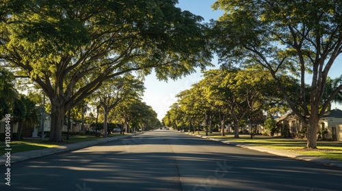 Serene Tree-Lined Street at Sunrise in Suburban Neighborhood
