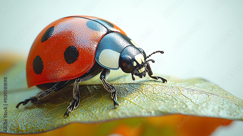 Fototapeta premium Ladybug on a Leaf: A detailed close-up of a ladybug perched on a vibrant green leaf, showcasing its intricate details and vibrant colors. Perfect for nature, spring, and insect-themed projects.