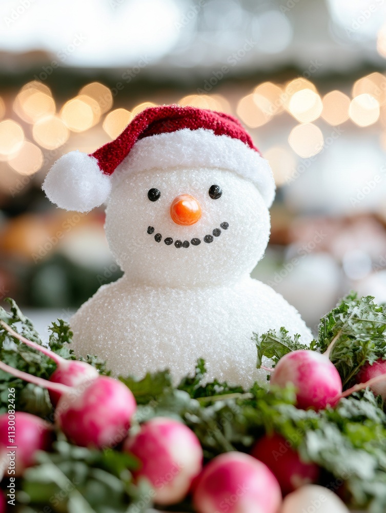Obraz premium Festive Snowman and Carved Radishes Vibrant Market Celebration for Night of the Radishes, Christmas, and Winter Solstice