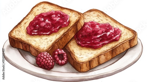 Two slices of toasted bread with raspberry jam. Perfect for breakfast or brunch themes, food blogs, and recipe websites. photo