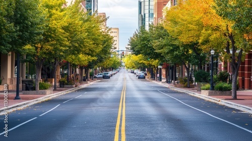 Urban Street Scene with Trees and Modern Buildings in Autumn Colors
