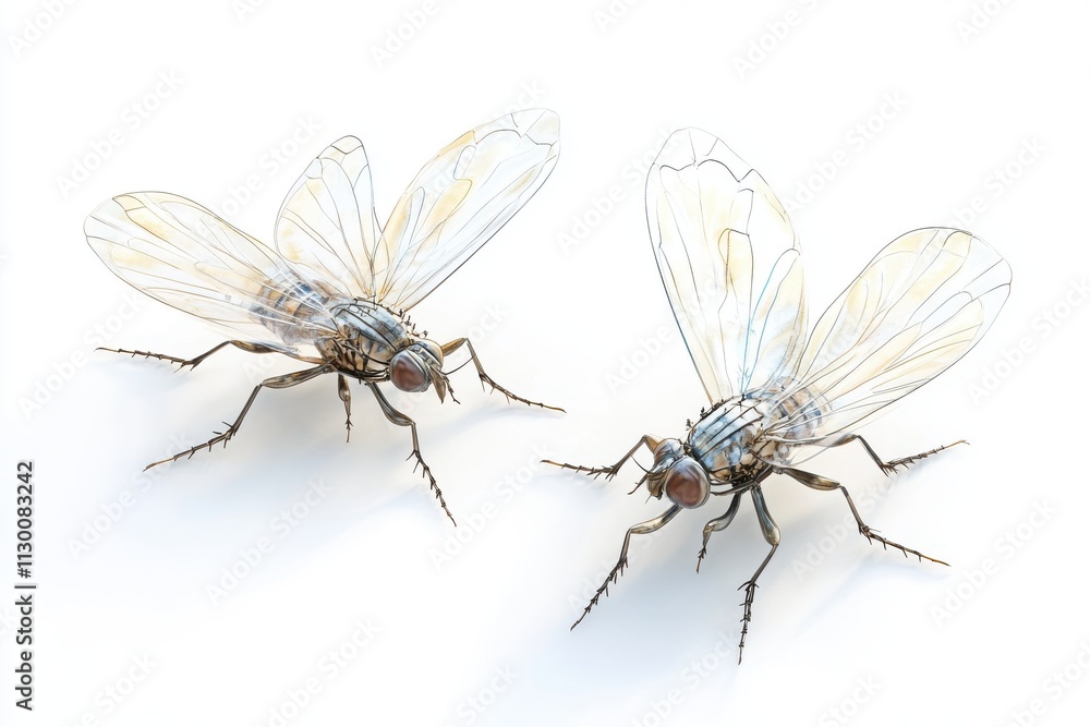 Two realistic flies with detailed wings and body features
