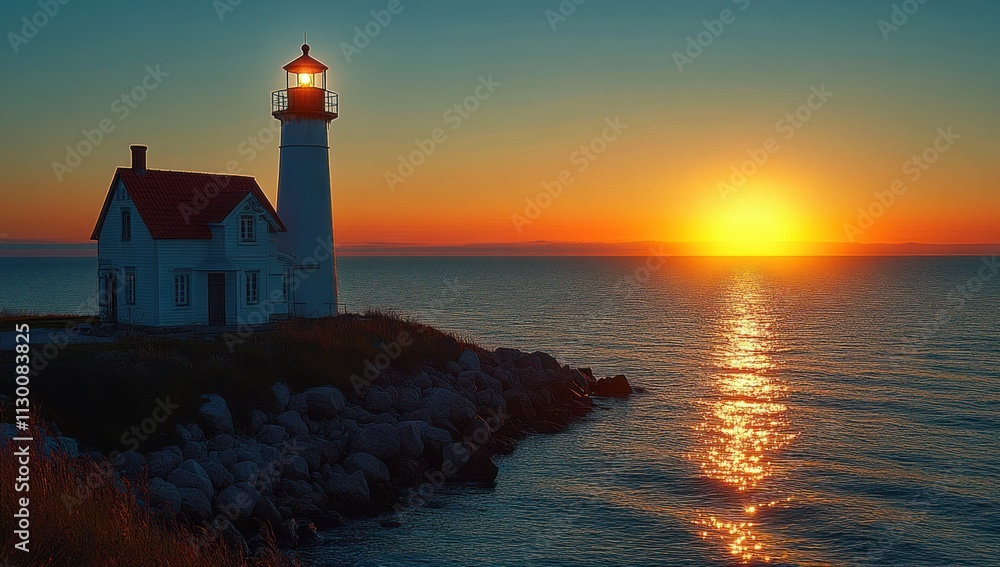 Fototapeta premium Lighthouse at Sunset, a Beacon of Hope