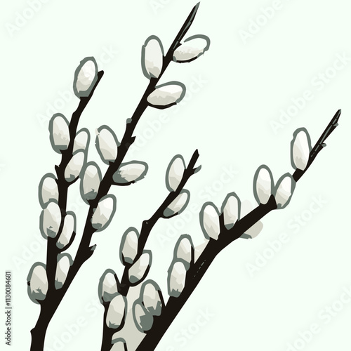 Delicate Willow Catkins Serene Botanical Illustration chinese new year Fluffy Blooms of the Salix Discolor, Symbolizing the Arrival of Spring