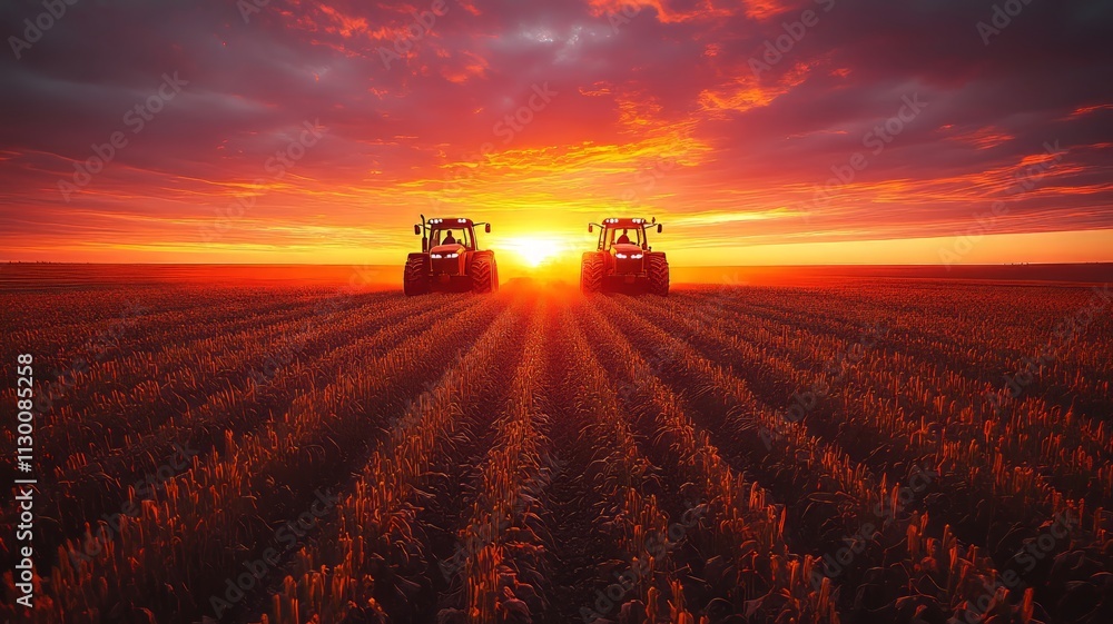 Fototapeta premium Tractors working in a golden wheat field at sunset