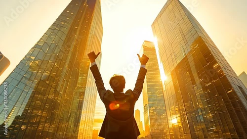 Businessman raising arms in victory amidst modern skyscrapers, illuminated by golden sunrise, symbolizing success and achievement.