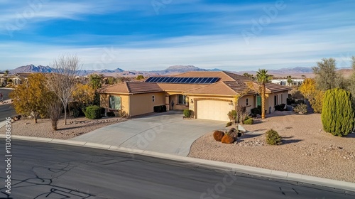 Modern Home With Solar Panels Nestled in Serene Las Vegas Neighborhood and Beautiful Landscaping. Generative AI