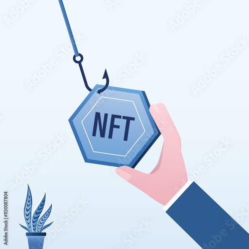 Digital money trap. NFT token on the hook, bait. Investor hand pull digital coin. Risk money loss in nft blockchain trading or investment. Digital technologies.